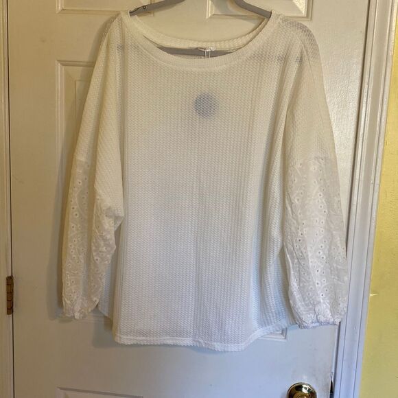 Cupshe Sweaters - Cupshe Scoop Neck Drop Shoulder Eyelet Sleeve Pullover Knit White Medium